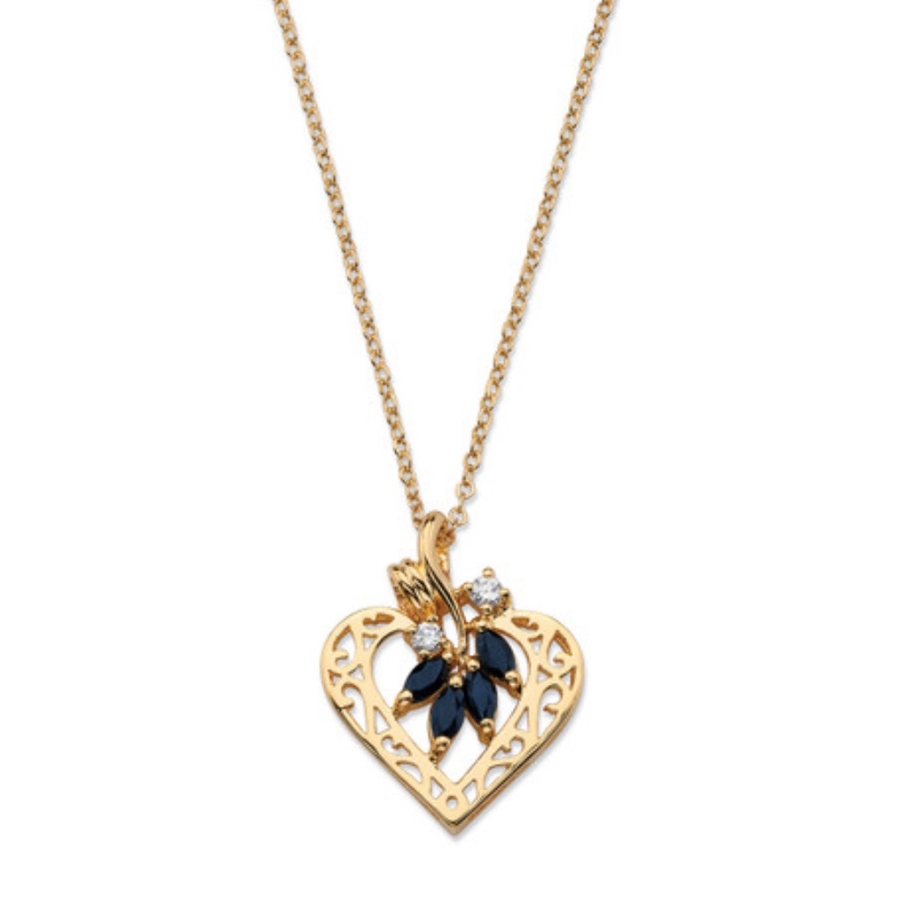 Genuine Sapphire and Cubic Zirconia Heart Pendant Necklace on Gold Chain